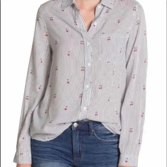 beachlunchlounge Tops - Beachlunchlounge cherry and striped blouse button down size L White black red